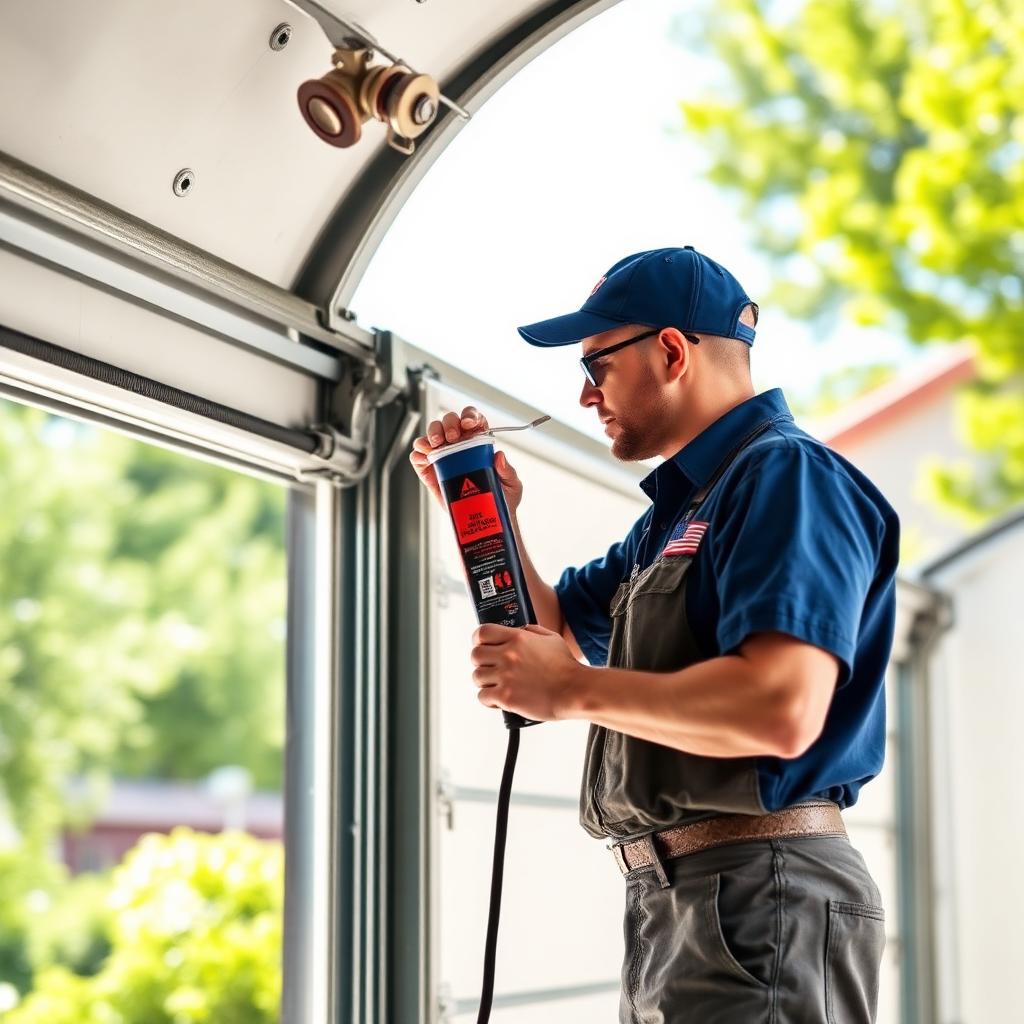 Professional technician performing summer maintenance on residential garage door