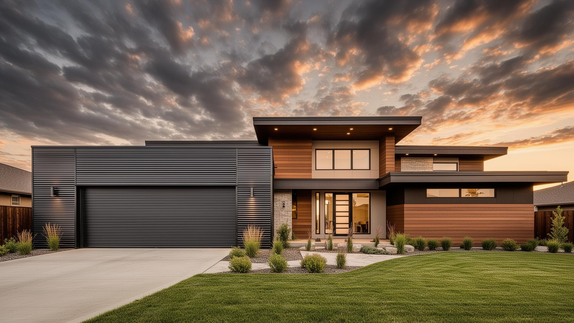 Modern prairie style home with professional industrial ribbed steel garage doors in Sequim, WA